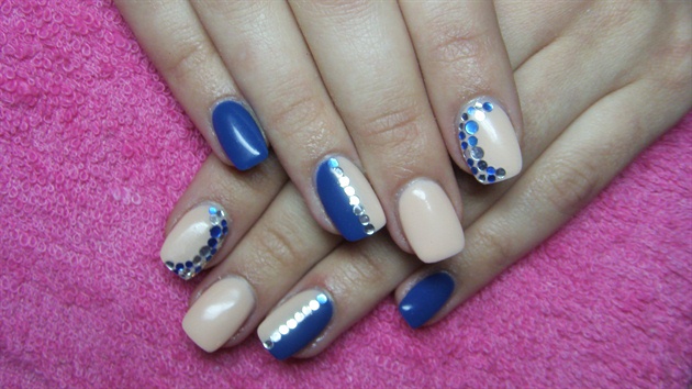 Blue and powder nails with rhinestones