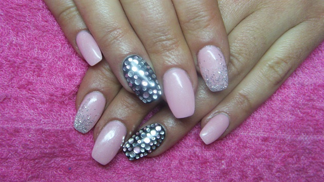 Pink and black nails with rhinestones
