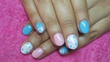 Turquoise,pink and white nails with dots