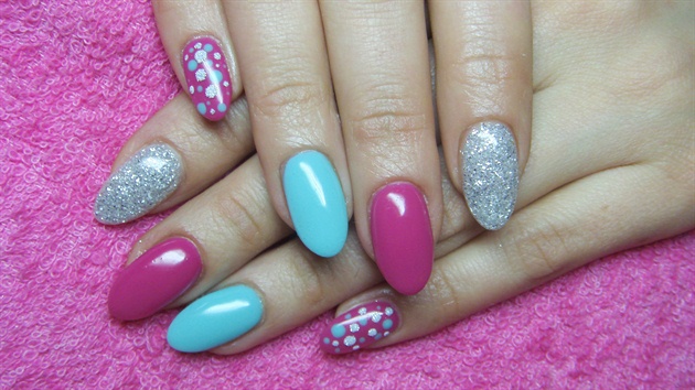 Pink, turquoise and silver nails 