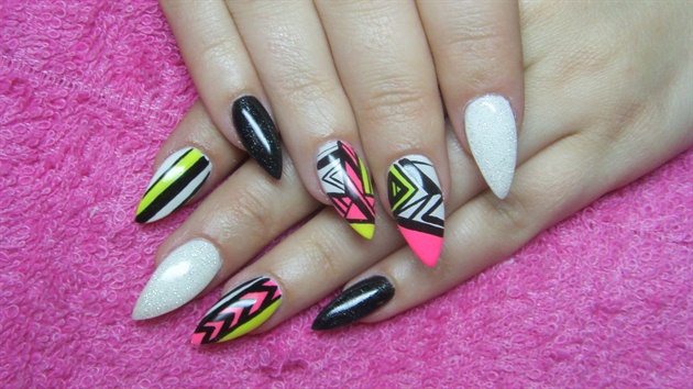 Black, pink, yellow and white nails