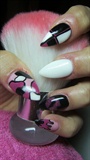 Pink, black and white nails with lips