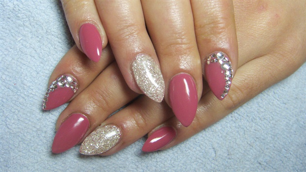 Pink and silver nails with rhinestones