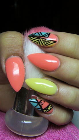 Turquoise,yellow and pink stiletto nails