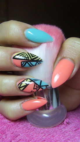 Turquoise,yellow and pink stiletto nails
