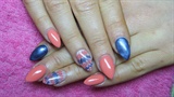Apricot and metallic blue nails