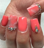 Coral color &amp; Marble Accent Nails 