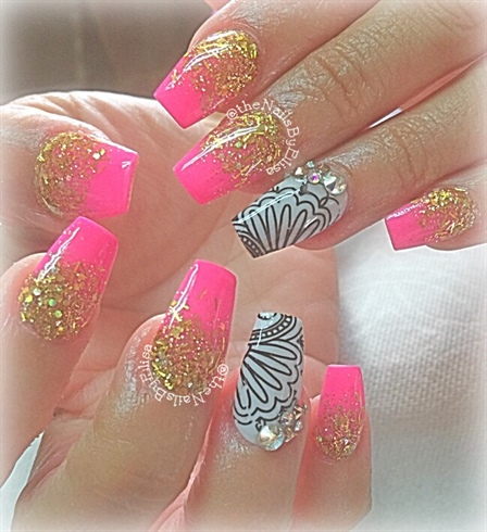 hot pink and gold nail designs