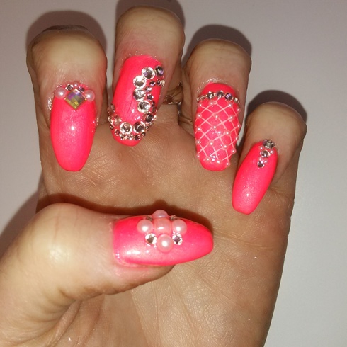 coral bling nails