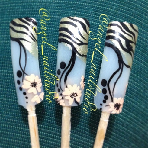 Zebra french flower tips nails