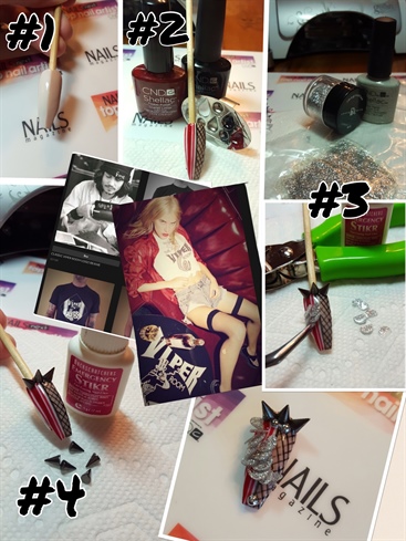 1: Here comes some sexiness, and to add to that was Johnny Depp, and the Viper Room! Pick our favorite nude and cream gel polishes, paint each half using both colors, cure.  2: On the nude, make a fishnet pattern using black gel polish, to resemble the sexiness on the red leather couches! On the cream, using red gel polish, paint stripes to resemble the logo on the t-shirts you'll find for sale!  3: To add tot he logo and sexiness, I added glittered mermaid/snake scales, by curing glitter gel polish, gel top coated & cured, on a plastic bag. Peel off and use a hole punch to cut out the shapes, and attach to the nail with nail glue!  4: Add some rock and roll spikes and studs with nail glue, and now you'll be ready to be seen by the hottest stars!