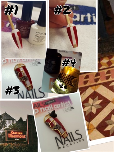 1: At this very beautiful and posh, famous Hollywood hotel called Chateau Marmont, where John Belushi unfortunately died, you'll find a very cool and detailed place, called Bar Marmont... SO GET YOUR NAIL EYES READY! Using your favorite red and cream gel polishes, paint the pattern shown and cure.  2: Using a gold paint, put on 2 small squares, one at the top and one at the bottom. Gel top coat and cure.  3:Using the 20 gauge craft wire again,shape and outline the areas shown to resemble the super cool detailed flooring at this hotel/bar, and attach with nail glue. Don't forget to tie in some more Swarovski Crystal Pixies!  4: Since we had nail eyes with the flooring, we couldn't forget about the amazing 3D black butterflies on the ceiling! I created this by painting separate butterfly wings on a nail form with black gel polish, cured, gel top coated, cured, attached wings with nail glue, and attached to the nail with nail glue, for the perfect finish! Now just to visit and get my picture taken here!