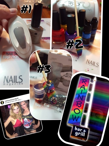 1: Start with 2 coats of a lighter gel polish, cured.  2: Using a sponge, put stripes of lacquer and acrylic paints on it, to create a rainbow, and sponge the nail, then add matte finish top coat.  3: Add in some rock and roll studs and spikes, and don't forget about the Swarovski Crystal Pixie tie in!