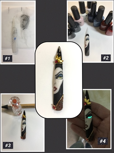 1) Etch the nail with a hand file. Create a transfer image by tracing your inspiration photo onto tracing paper, using pencil, color the backside of image you traced. Now apply tracing paper image to the top of the nail tip and retrace image onto the nail.\n2) Using gel polish, hand paint the Evil Queen’s face and surrounding black mask and gown. Cure in-between when you start to get desired affects. Apply gel top coat and lightly buff to a matte finish.\n3) Using a Crystal Katana, apply the Swarovski crystals and Swarovski crystal pixies.\n4) Don’t forget the glow in the dark gel polish on the Evil Queen’s eye!