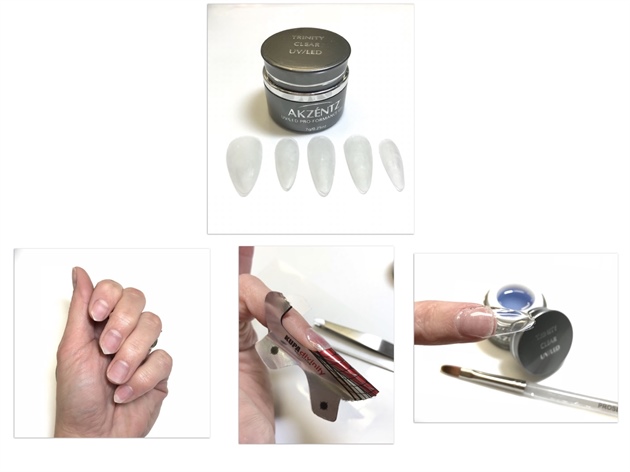 1: Start with freshly manicured nails. 2: Use a protective coat of choice, such as MInx coat, and apply your enhancement form. 3: Using Trinity Clear Pro-Formance Gel, sculpt a beautiful set of crystal clear enhancements. 4: Finish with removing the tacky layer, shaping, and removing the nails to begin the dressing up.